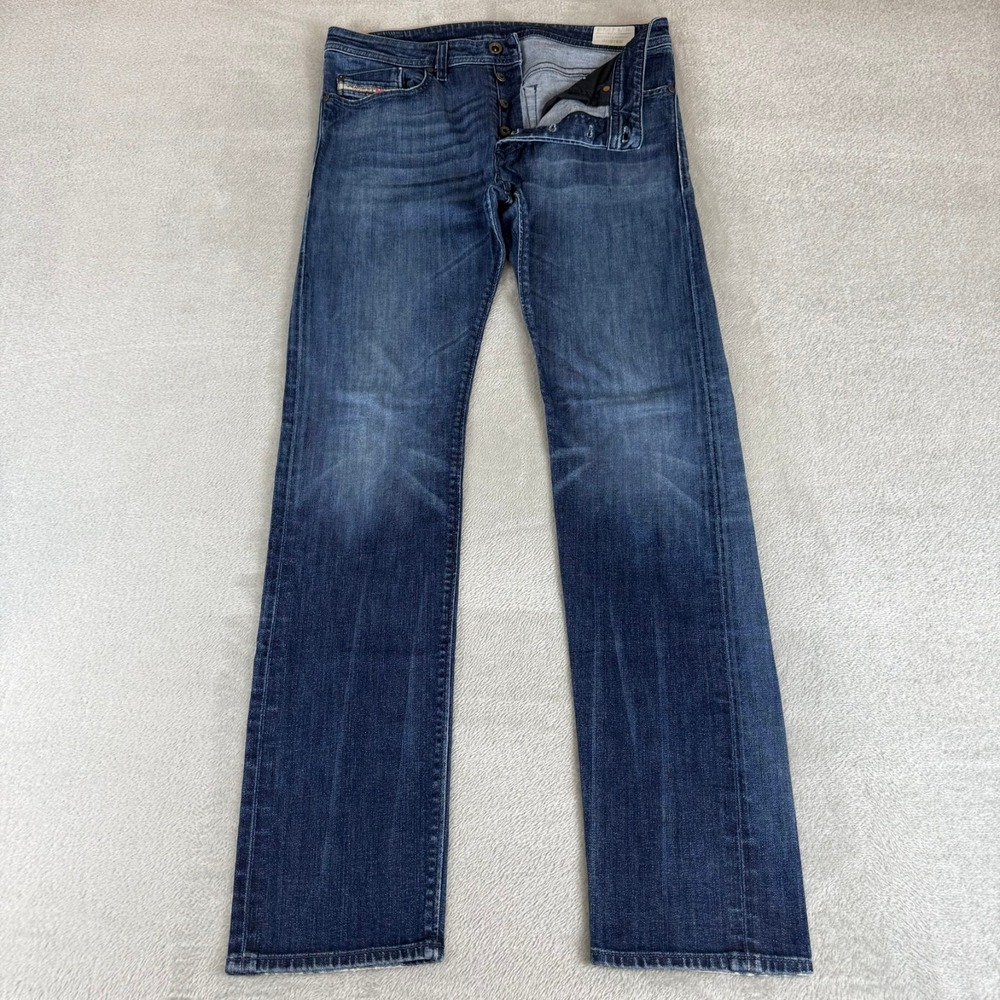 Diesel Buster Slim Tapered Jean Men 32x34 Blue Distressed Button Fly Stretch USA